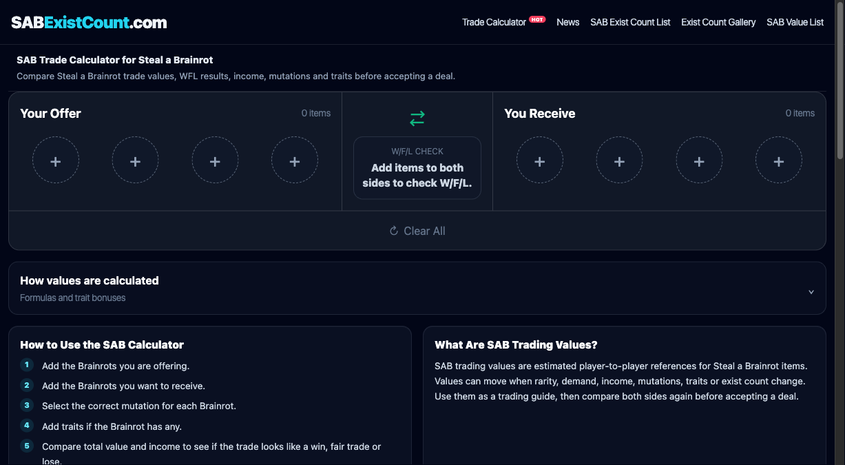 SAB Trade Calculator Guide: Check SAB Value, WFL and Brainrot Trades