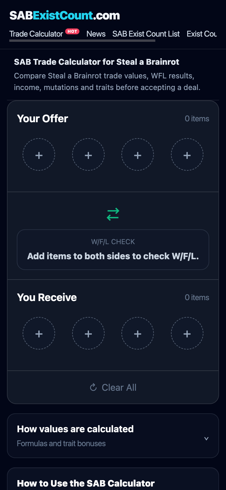 SAB Trade Calculator mobile layout