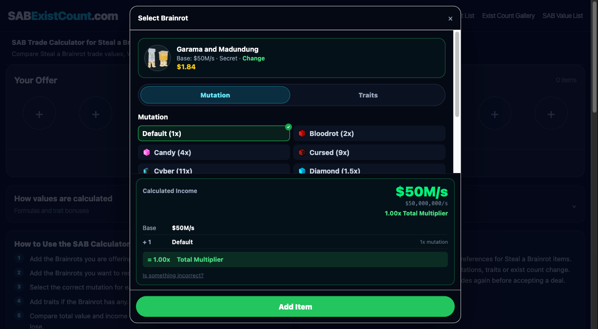 Choosing a mutation for a Steal a Brainrot trade
