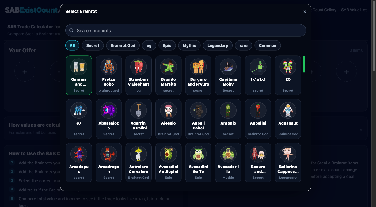 Selecting a Brainrot in the SAB Trade Calculator