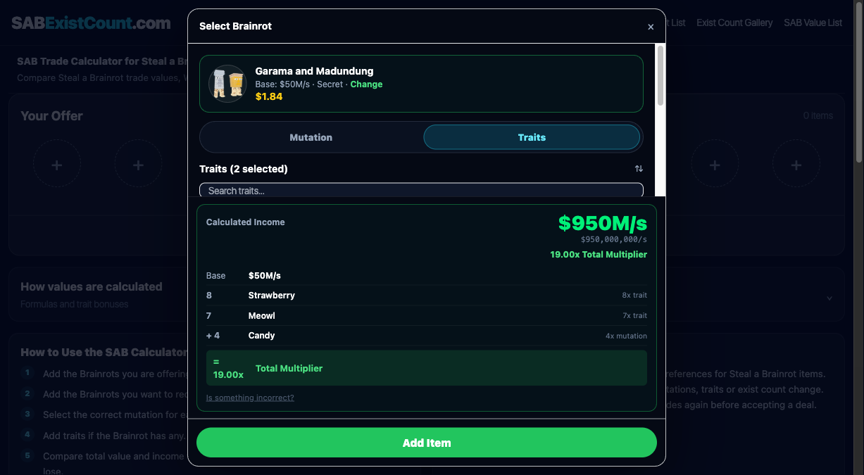 Adding traits and checking calculated income