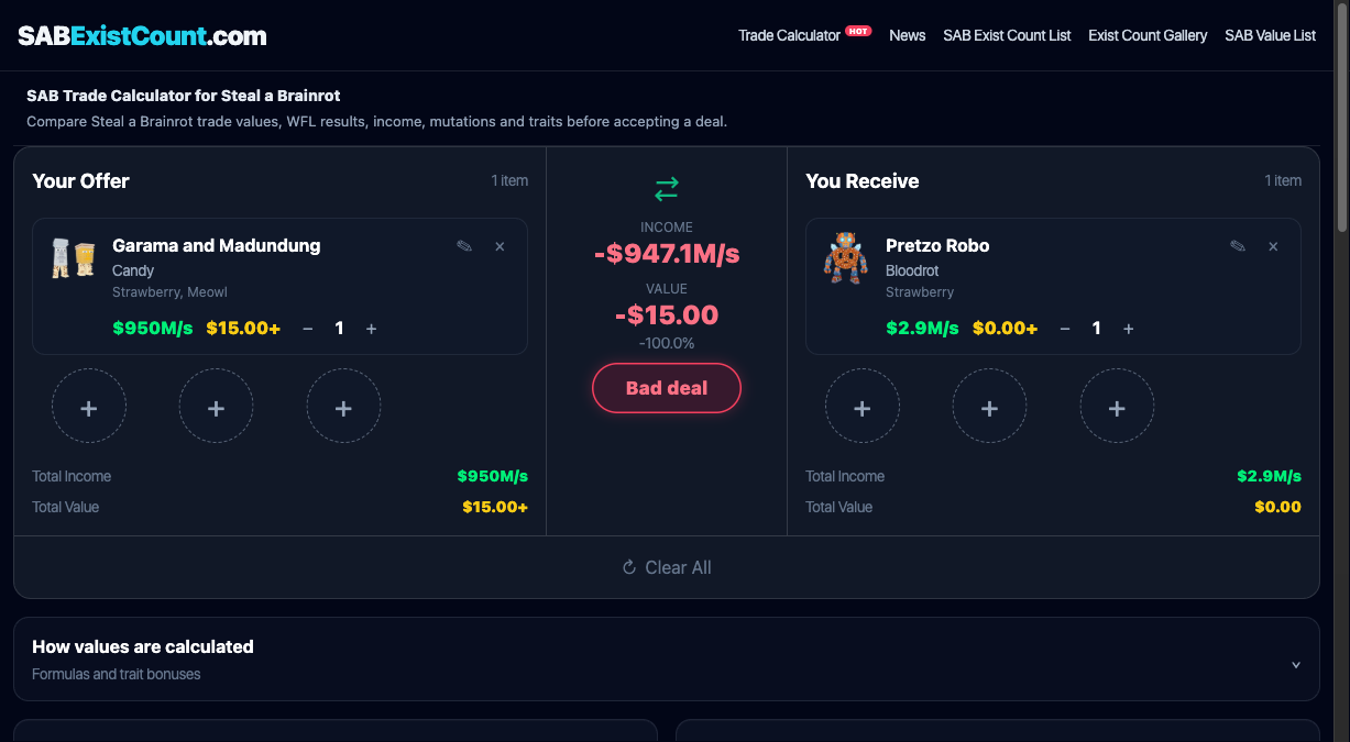 SAB Trade Calculator WFL result after both sides are added